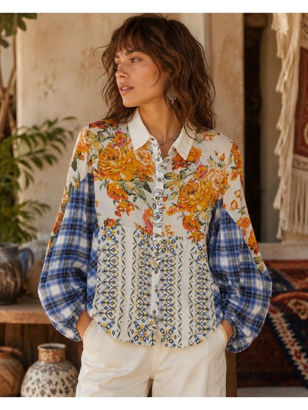 Aratta Silent Journey Mixed Print Floral Paisley Plaid Button Up Shirt Boho